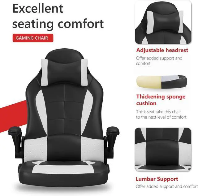 Alt view image 4 of 7 - BestOffice PC Gaming Chair Ergonomic Office Chair Desk Chair with Lumbar Support Flip Up Arms Headrest PU Leather Executive High Back Computer Chair for Adults Women Men (White)