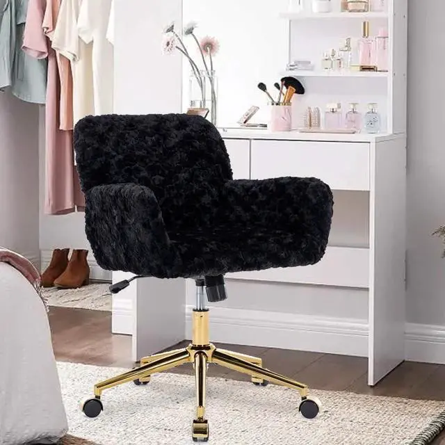 Main image of HomVent Fluffy Desk Chair Pink Faux Fur Vanity Chair Adjustable Swivel Computer Chair on Wheels Height Adjustable Cute Desk Chair for Makeup Room Teen Girls Bedroom Home Office (Black P)