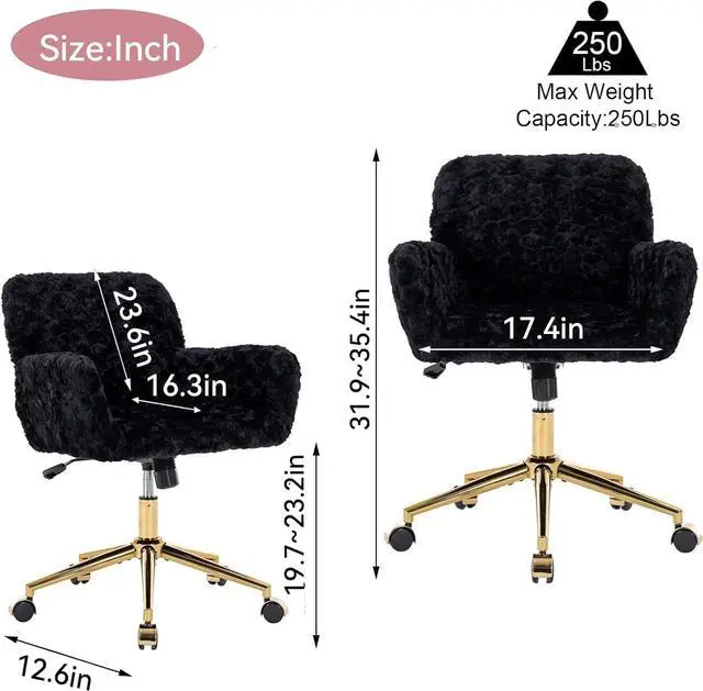 Alt view image 2 of 7 - HomVent Fluffy Desk Chair Pink Faux Fur Vanity Chair Adjustable Swivel Computer Chair on Wheels Height Adjustable Cute Desk Chair for Makeup Room Teen Girls Bedroom Home Office (Black P)