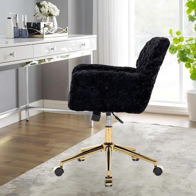 Alt view image 6 of 7 - HomVent Fluffy Desk Chair Pink Faux Fur Vanity Chair Adjustable Swivel Computer Chair on Wheels Height Adjustable Cute Desk Chair for Makeup Room Teen Girls Bedroom Home Office (Black P)