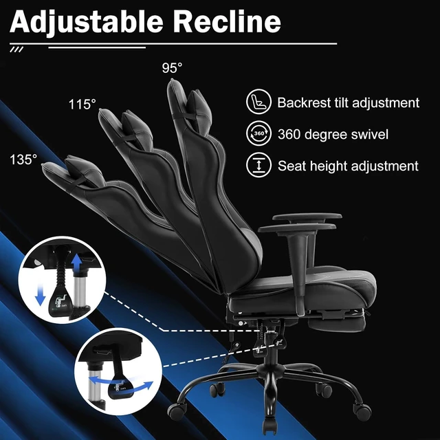 Alt view image 6 of 7 - Massage Gaming Chair with Footrest - Ergonomic PC Office Chair with Lumbar Support, Headrest, Armrest - High Back PU Leather Recliner, Heavy Duty Swivel Gamer Chair, Black