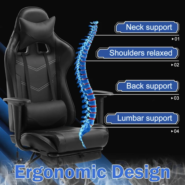 Alt view image 7 of 7 - Massage Gaming Chair with Footrest - Ergonomic PC Office Chair with Lumbar Support, Headrest, Armrest - High Back PU Leather Recliner, Heavy Duty Swivel Gamer Chair, Black