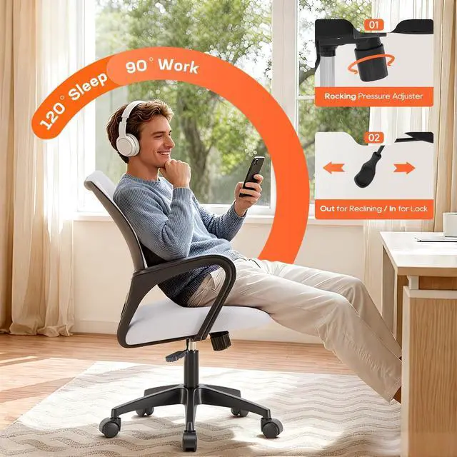 Alt view image 4 of 7 - BestOffice Ergonomic Office Chair | Mid-Back Swivel Desk Chair | White | with Lumbar Support, Adjustable Height & Breathable Backrest | Sponge Seat & Rolling Wheels | for Home, Office | Pack of 1