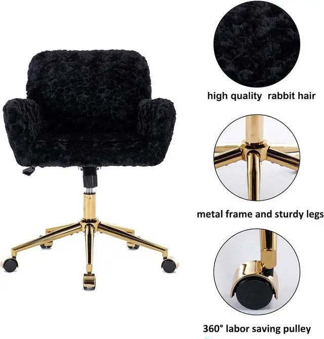 Alt view image 4 of 7 - HomVent Fluffy Desk Chair Pink Faux Fur Vanity Chair Adjustable Swivel Computer Chair on Wheels Height Adjustable Cute Desk Chair for Makeup Room Teen Girls Bedroom Home Office (Black P)