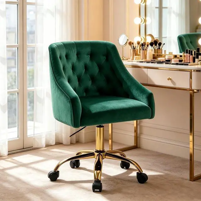 Alt view image 2 of 7 - MOJAY Velvet Office Swivel Chair, Vanity Fabric Desk Pretty Fancy Gold Office Chairs for Girls, 360°Swivel Height Adjustable Reception Chair (Green)
