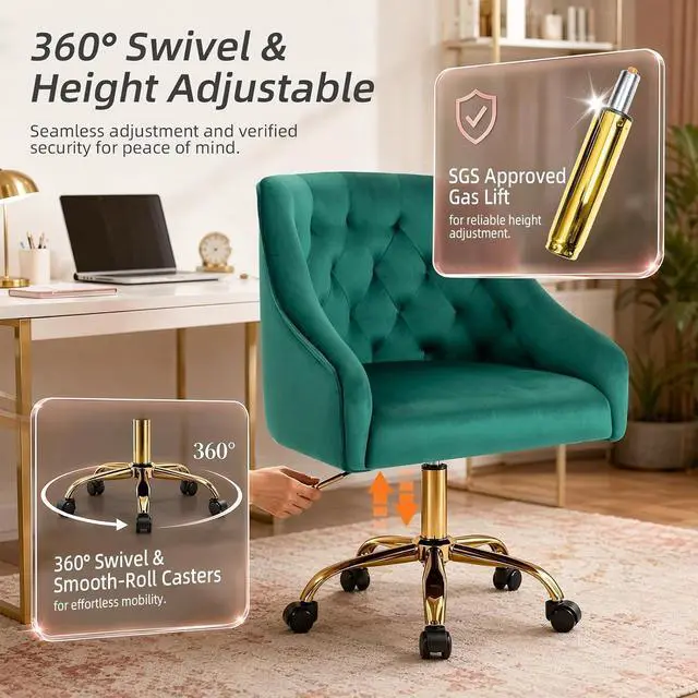Alt view image 5 of 7 - MOJAY Velvet Office Swivel Chair, Vanity Fabric Desk Pretty Fancy Gold Office Chairs for Girls, 360°Swivel Height Adjustable Reception Chair (Green)