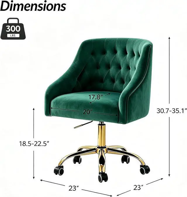 Alt view image 3 of 7 - MOJAY Velvet Office Swivel Chair, Vanity Fabric Desk Pretty Fancy Gold Office Chairs for Girls, 360°Swivel Height Adjustable Reception Chair (Green)