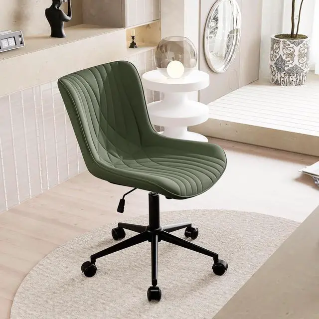 Alt view image 6 of 7 - YOUNIKE Office Chair, Armless Faux Leather Desk Chair with Wheels, Green | Modern Upholstered Task Chair, Rolling Height Adjustable Swivel Home Office Desk Chair, Small Computer Chair