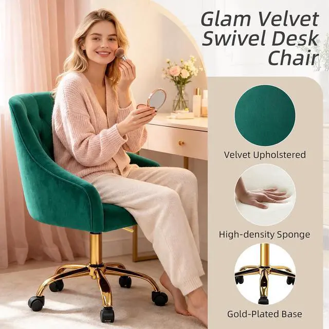 Alt view image 4 of 7 - MOJAY Velvet Office Swivel Chair, Vanity Fabric Desk Pretty Fancy Gold Office Chairs for Girls, 360°Swivel Height Adjustable Reception Chair (Green)