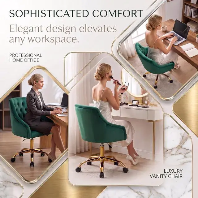 Alt view image 6 of 7 - MOJAY Velvet Office Swivel Chair, Vanity Fabric Desk Pretty Fancy Gold Office Chairs for Girls, 360°Swivel Height Adjustable Reception Chair (Green)