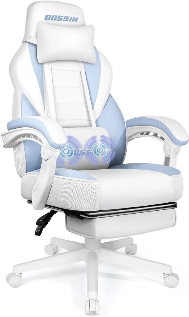Main image of BOSSIN Gaming Chair with Massage, Ergonomic Heavy Duty Design with Footrest and Lumbar Support, Large Size Cushion High Back Office Chair, Big and Tall Gaming Computer Chair for KidsWhite and Blue
