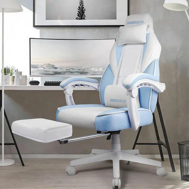 Alt view image 2 of 7 - BOSSIN Gaming Chair with Massage, Ergonomic Heavy Duty Design with Footrest and Lumbar Support, Large Size Cushion High Back Office Chair, Big and Tall Gaming Computer Chair for KidsWhite and Blue