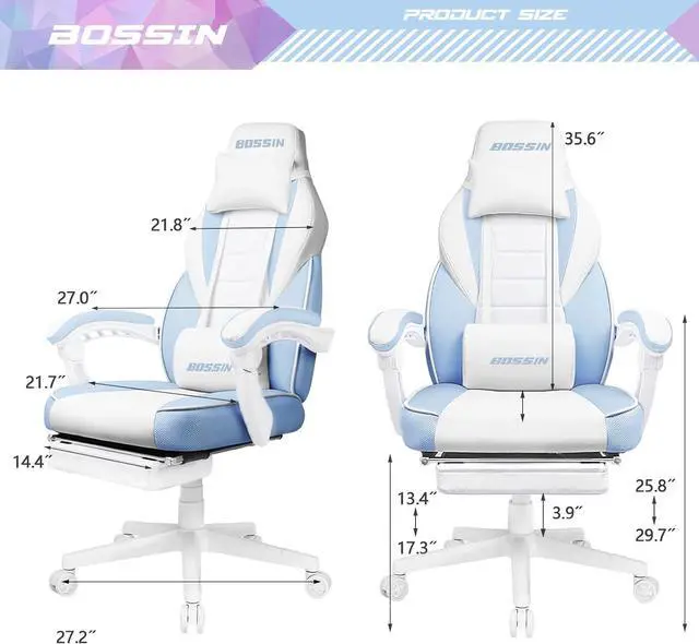 Alt view image 3 of 7 - BOSSIN Gaming Chair with Massage, Ergonomic Heavy Duty Design with Footrest and Lumbar Support, Large Size Cushion High Back Office Chair, Big and Tall Gaming Computer Chair for KidsWhite and Blue