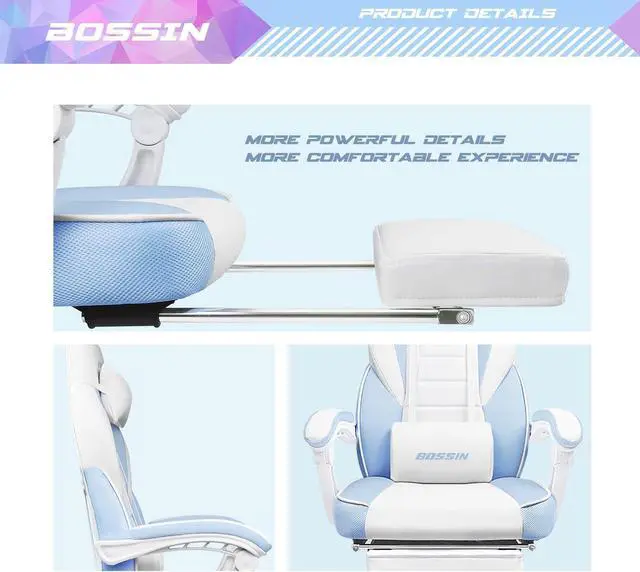 Alt view image 5 of 7 - BOSSIN Gaming Chair with Massage, Ergonomic Heavy Duty Design with Footrest and Lumbar Support, Large Size Cushion High Back Office Chair, Big and Tall Gaming Computer Chair for KidsWhite and Blue