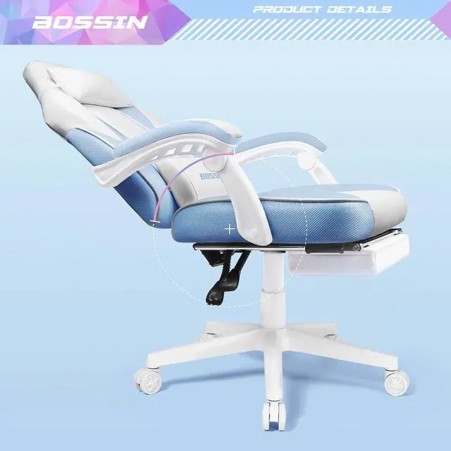 Alt view image 7 of 7 - BOSSIN Gaming Chair with Massage, Ergonomic Heavy Duty Design with Footrest and Lumbar Support, Large Size Cushion High Back Office Chair, Big and Tall Gaming Computer Chair for KidsWhite and Blue