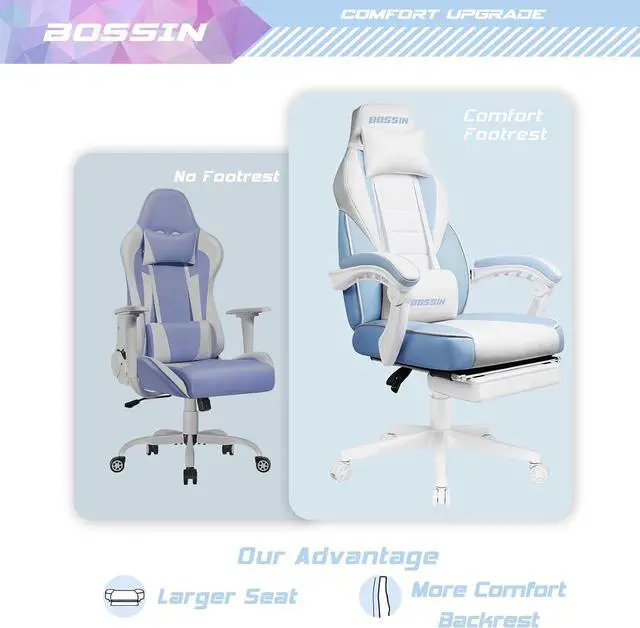 Alt view image 4 of 7 - BOSSIN Gaming Chair with Massage, Ergonomic Heavy Duty Design with Footrest and Lumbar Support, Large Size Cushion High Back Office Chair, Big and Tall Gaming Computer Chair for KidsWhite and Blue
