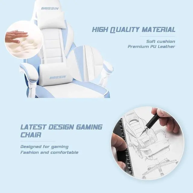 Alt view image 6 of 7 - BOSSIN Gaming Chair with Massage, Ergonomic Heavy Duty Design with Footrest and Lumbar Support, Large Size Cushion High Back Office Chair, Big and Tall Gaming Computer Chair for KidsWhite and Blue