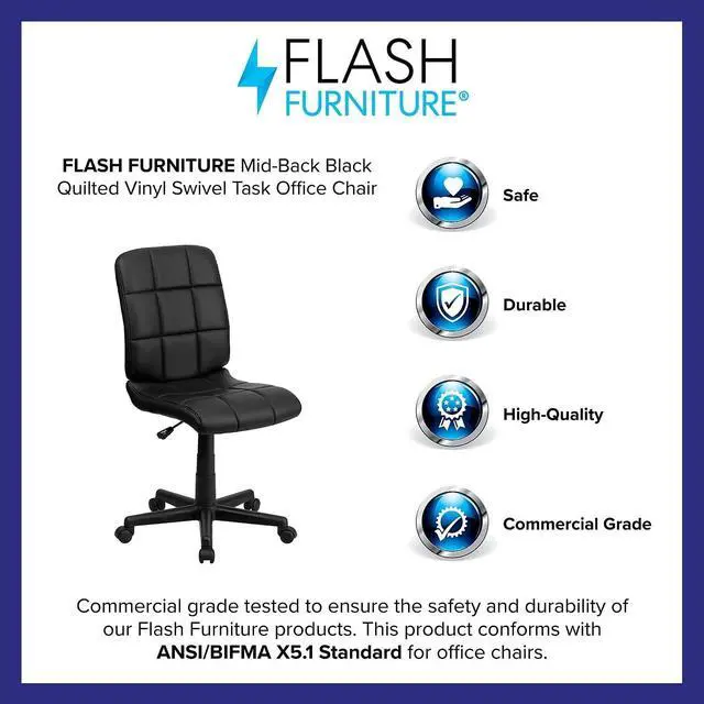 Alt view image 4 of 7 - Flash Furniture Clayton Mid-Back Tufted Vinyl Upholstered Swivel Desk Chair with Padded Seat, Modern Adjustable Height Padded Office Chair, Black | 360° Swivel, Height Adjustable, Commercial Grade
