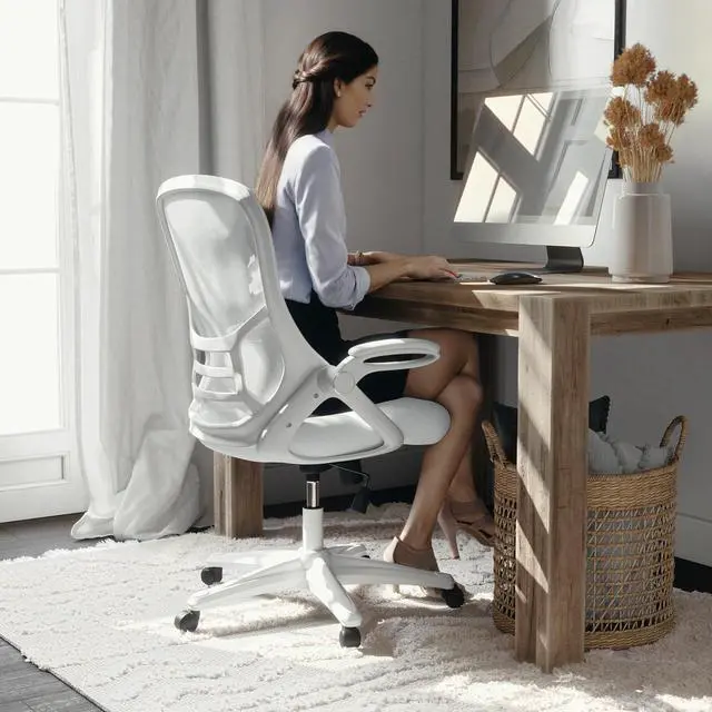 Alt view image 7 of 7 - Flash Furniture High Back White Mesh Ergonomic Swivel Office Chair with White Frame and Flip-up Arms