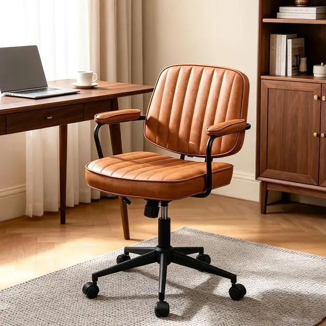 Main image of Mid Century Modern PU Leather Office Chair, Brown Adjustable Desk Chair | Chair & Backrest Height Adjustable, Thick Cushioned Seat, 360° Swivel & Smooth Rolling Casters for Comfortable Daily Use