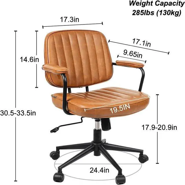 Alt view image 2 of 7 - Mid Century Modern PU Leather Office Chair, Brown Adjustable Desk Chair | Chair & Backrest Height Adjustable, Thick Cushioned Seat, 360° Swivel & Smooth Rolling Casters for Comfortable Daily Use