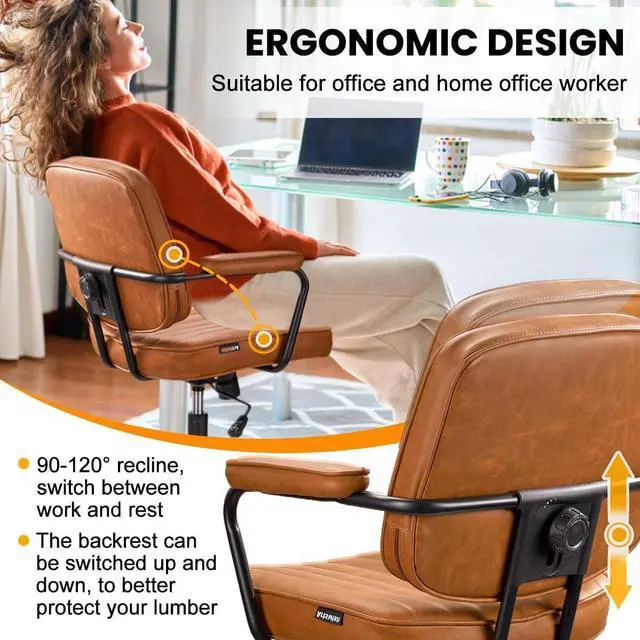 Alt view image 3 of 7 - Mid Century Modern PU Leather Office Chair, Brown Adjustable Desk Chair | Chair & Backrest Height Adjustable, Thick Cushioned Seat, 360° Swivel & Smooth Rolling Casters for Comfortable Daily Use