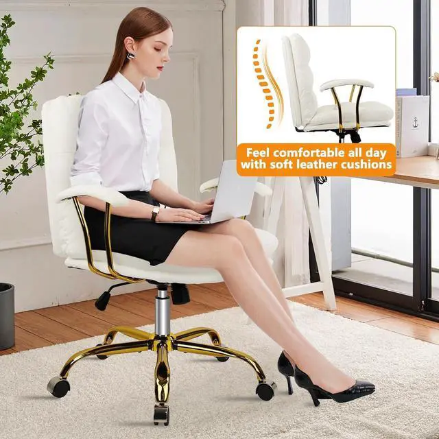Alt view image 6 of 7 - KLASIKA Leather Home Office Desk Chair, Mid-Back Vanity Chair Make Up Chair with Gold Wheels & Removable Armrests, Rolling Swivel Computer Task Chair for Office Bedroom Living Room Girls Women, White