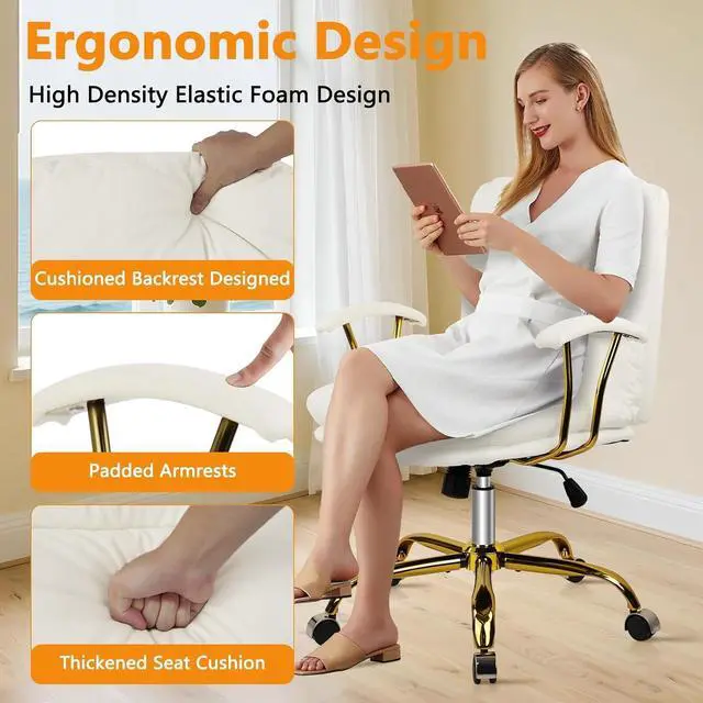 Alt view image 7 of 7 - KLASIKA Leather Home Office Desk Chair, Mid-Back Vanity Chair Make Up Chair with Gold Wheels & Removable Armrests, Rolling Swivel Computer Task Chair for Office Bedroom Living Room Girls Women, White