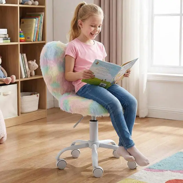 Alt view image 3 of 7 - chairus Kids Desk Chair Faux Fur Small Study Chair for Teenage Girls, Adjustable Heart Shaped Kids Vanity Chair for Bedroom Reading Living Room, Cute Student Task Chair with White Foot, Macaron