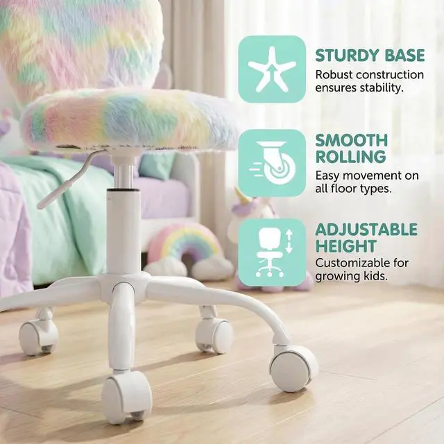 Alt view image 4 of 7 - chairus Kids Desk Chair Faux Fur Small Study Chair for Teenage Girls, Adjustable Heart Shaped Kids Vanity Chair for Bedroom Reading Living Room, Cute Student Task Chair with White Foot, Macaron