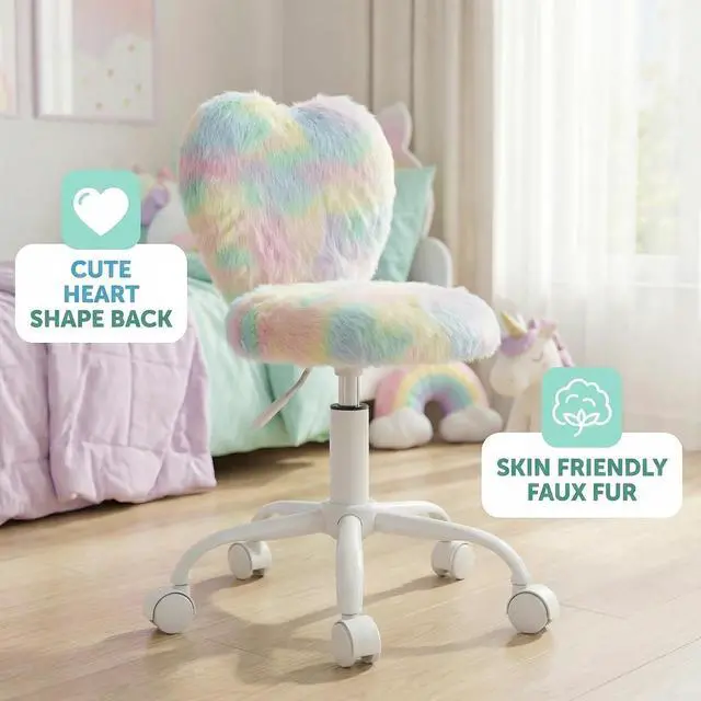 Alt view image 5 of 7 - chairus Kids Desk Chair Faux Fur Small Study Chair for Teenage Girls, Adjustable Heart Shaped Kids Vanity Chair for Bedroom Reading Living Room, Cute Student Task Chair with White Foot, Macaron