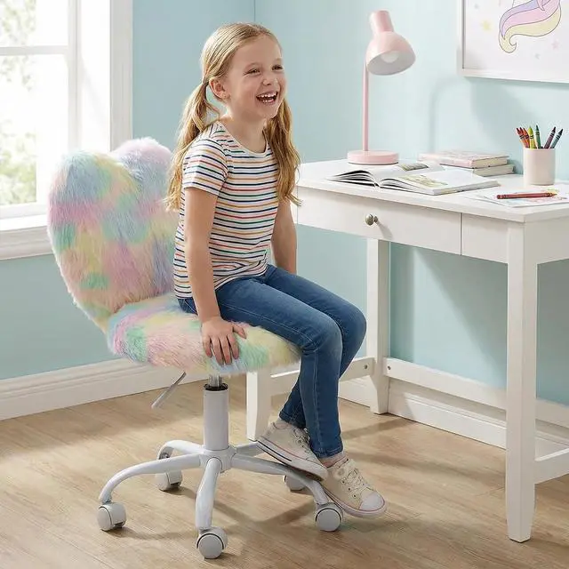 Alt view image 6 of 7 - chairus Kids Desk Chair Faux Fur Small Study Chair for Teenage Girls, Adjustable Heart Shaped Kids Vanity Chair for Bedroom Reading Living Room, Cute Student Task Chair with White Foot, Macaron