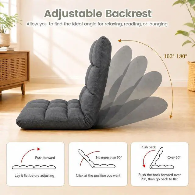 Alt view image 4 of 7 - COSTWAY Floor Chair, Folding Gaming Chair with Back Support (Gray) | 14 Adjustable Positions, Alloy Steel Frame, Lazy Sofa Lounge for Playing Reading Meditating Room Recliner for Adults, Kids