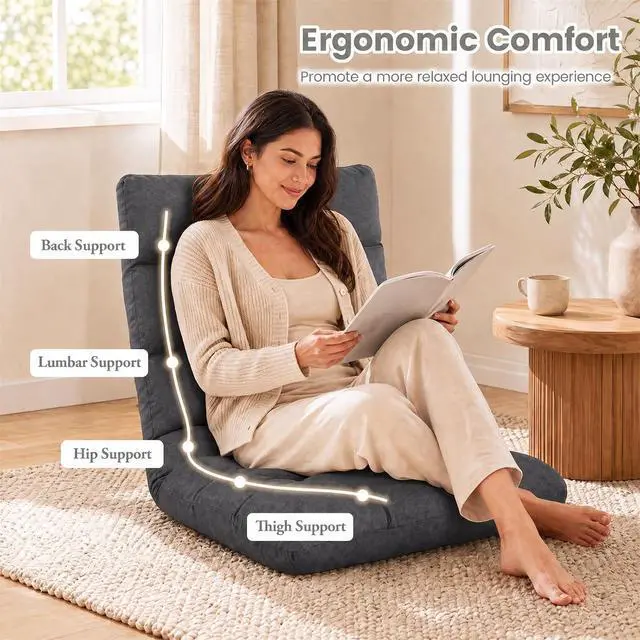 Alt view image 5 of 7 - COSTWAY Floor Chair, Folding Gaming Chair with Back Support (Gray) | 14 Adjustable Positions, Alloy Steel Frame, Lazy Sofa Lounge for Playing Reading Meditating Room Recliner for Adults, Kids