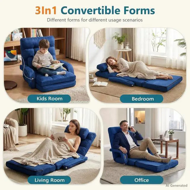 Alt view image 4 of 7 - Comfy Floor Chair with Adjustable Backrest, Gaming Sofa Chairs (Navy Blue) | STHOUYN, 2 USB Charging Ports, Indoor, Lazy Sofa, Meditation Chair, Dorm, Living Room, Bedroom