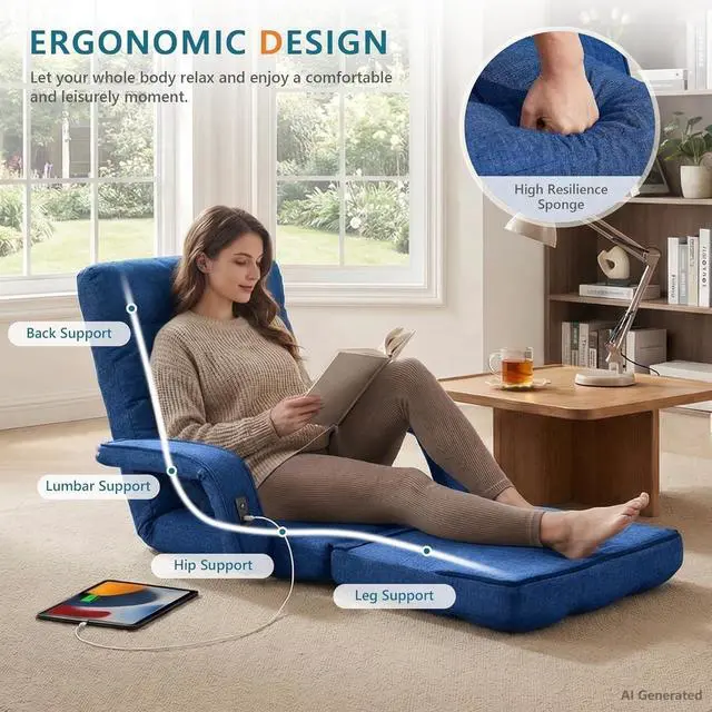 Alt view image 5 of 7 - Comfy Floor Chair with Adjustable Backrest, Gaming Sofa Chairs (Navy Blue) | STHOUYN, 2 USB Charging Ports, Indoor, Lazy Sofa, Meditation Chair, Dorm, Living Room, Bedroom