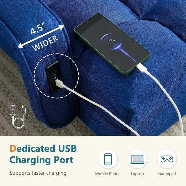 Alt view image 6 of 7 - Comfy Floor Chair with Adjustable Backrest, Gaming Sofa Chairs (Navy Blue) | STHOUYN, 2 USB Charging Ports, Indoor, Lazy Sofa, Meditation Chair, Dorm, Living Room, Bedroom