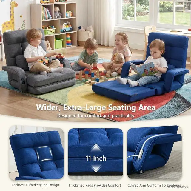Alt view image 7 of 7 - Comfy Floor Chair with Adjustable Backrest, Gaming Sofa Chairs (Navy Blue) | STHOUYN, 2 USB Charging Ports, Indoor, Lazy Sofa, Meditation Chair, Dorm, Living Room, Bedroom