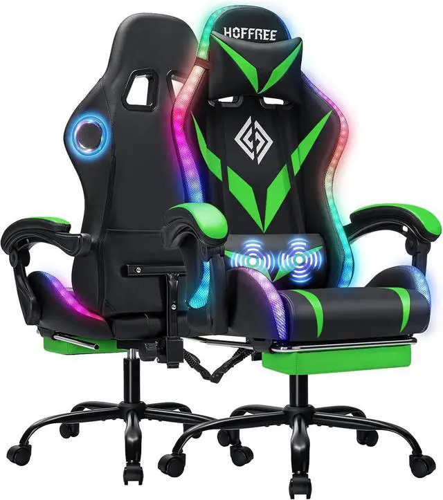 Main image of Gaming Chair with Bluetooth Speakers RGB LED Lights Computer Chair-Green | Ergonomic Massage Game Chair with Footrest & Lumbar Support High Back Video Game Chair for Adults Racing Style