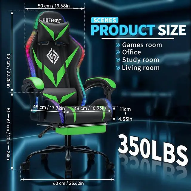 Alt view image 2 of 7 - Gaming Chair with Bluetooth Speakers RGB LED Lights Computer Chair-Green | Ergonomic Massage Game Chair with Footrest & Lumbar Support High Back Video Game Chair for Adults Racing Style