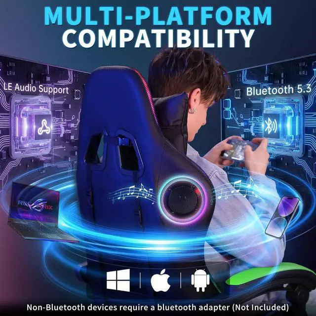 Alt view image 3 of 7 - Gaming Chair with Bluetooth Speakers RGB LED Lights Computer Chair-Green | Ergonomic Massage Game Chair with Footrest & Lumbar Support High Back Video Game Chair for Adults Racing Style