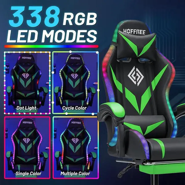 Alt view image 6 of 7 - Gaming Chair with Bluetooth Speakers RGB LED Lights Computer Chair-Green | Ergonomic Massage Game Chair with Footrest & Lumbar Support High Back Video Game Chair for Adults Racing Style