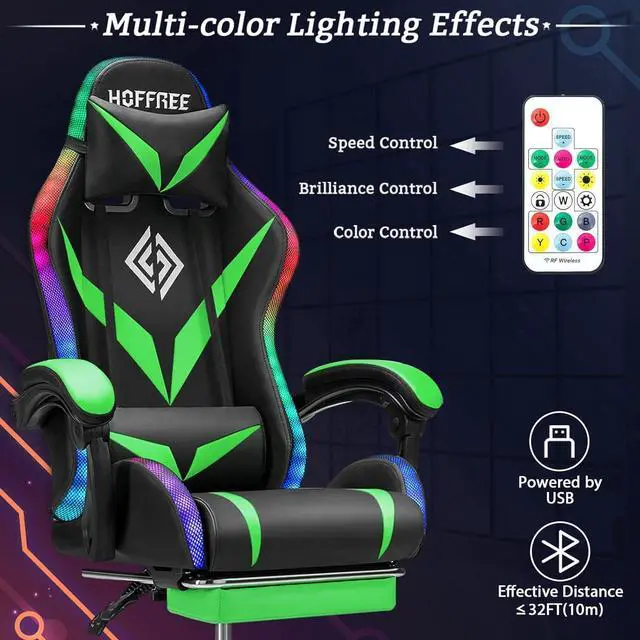 Alt view image 7 of 7 - Gaming Chair with Bluetooth Speakers RGB LED Lights Computer Chair-Green | Ergonomic Massage Game Chair with Footrest & Lumbar Support High Back Video Game Chair for Adults Racing Style
