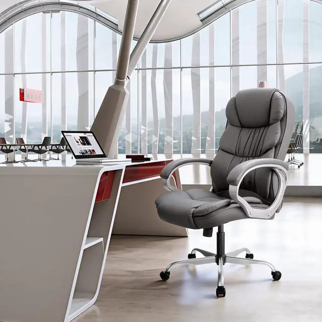 Alt view image 2 of 7 - GUNJI Office Chair PU Leather High Back Executive Chair Ergonomic Computer Chair, Modern Adjustable Home Desk Chair Swivel Managerial Chair with Padded Armrests and Lumbar Support (Gray)