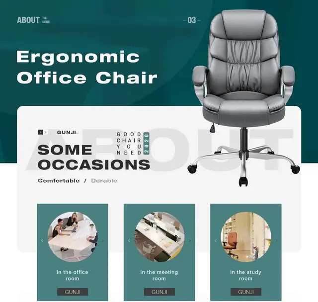 Alt view image 5 of 7 - GUNJI Office Chair PU Leather High Back Executive Chair Ergonomic Computer Chair, Modern Adjustable Home Desk Chair Swivel Managerial Chair with Padded Armrests and Lumbar Support (Gray)