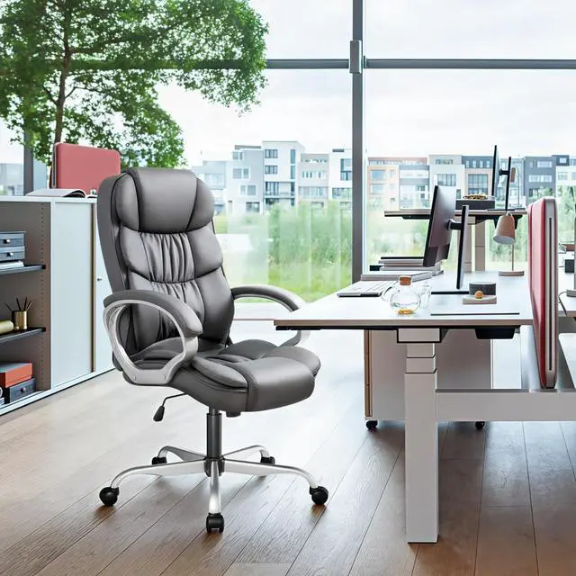 Alt view image 7 of 7 - GUNJI Office Chair PU Leather High Back Executive Chair Ergonomic Computer Chair, Modern Adjustable Home Desk Chair Swivel Managerial Chair with Padded Armrests and Lumbar Support (Gray)