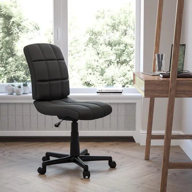 Alt view image 2 of 7 - Flash Furniture Clayton Mid-Back Tufted Vinyl Upholstered Swivel Desk Chair with Padded Seat, Modern Adjustable Height Padded Office Chair, Black | 360° Swivel, Height Adjustable, Commercial Grade