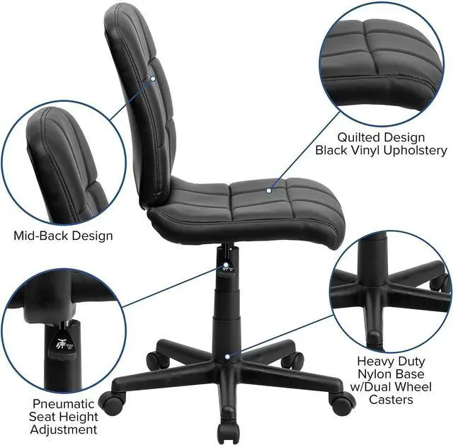 Alt view image 5 of 7 - Flash Furniture Clayton Mid-Back Tufted Vinyl Upholstered Swivel Desk Chair with Padded Seat, Modern Adjustable Height Padded Office Chair, Black | 360° Swivel, Height Adjustable, Commercial Grade