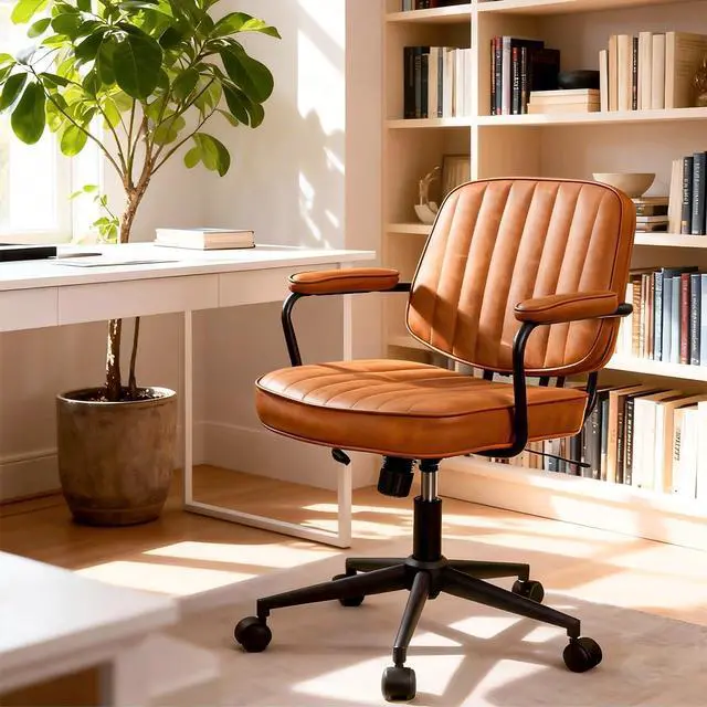 Alt view image 7 of 7 - Mid Century Modern PU Leather Office Chair, Brown Adjustable Desk Chair | Chair & Backrest Height Adjustable, Thick Cushioned Seat, 360° Swivel & Smooth Rolling Casters for Comfortable Daily Use
