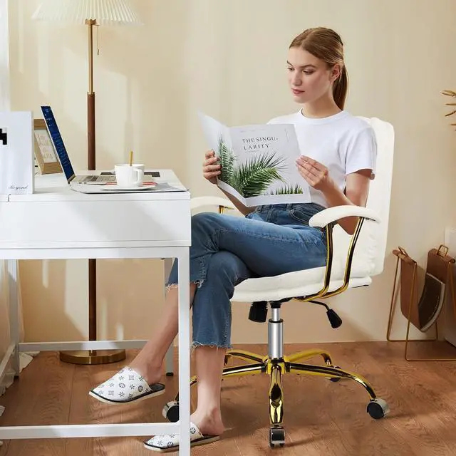Alt view image 5 of 7 - KLASIKA Leather Home Office Desk Chair, Mid-Back Vanity Chair Make Up Chair with Gold Wheels & Removable Armrests, Rolling Swivel Computer Task Chair for Office Bedroom Living Room Girls Women, White